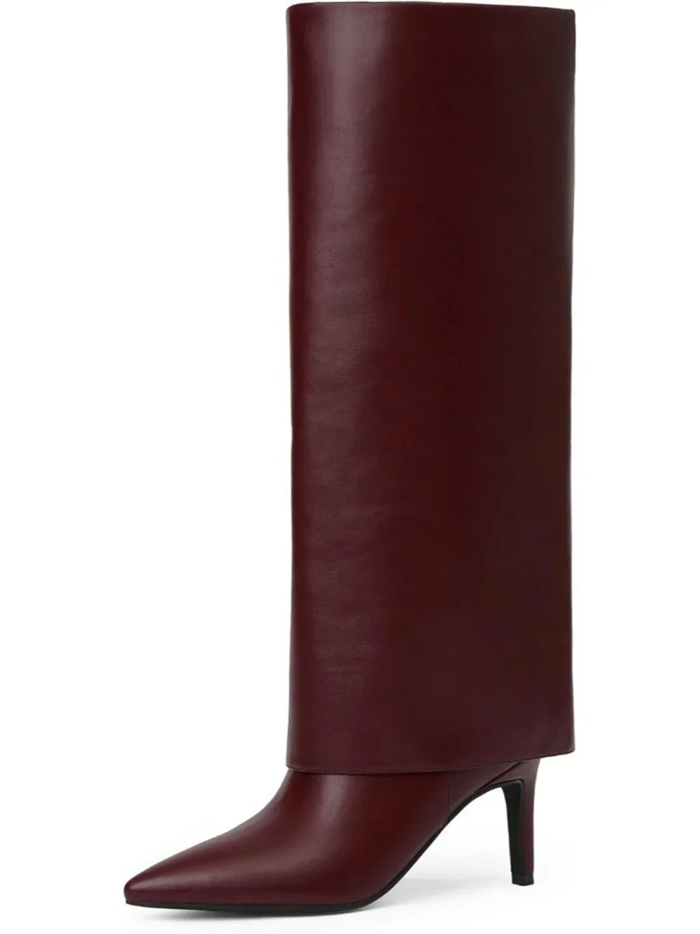 Women's Burgundy Pu Stiletto Heel Pointed Toe Chic Fold Over Knee High Boots
